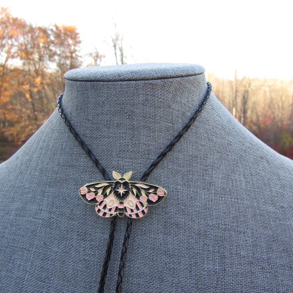Cottagecore Rose Floral Moth Bolo Tie Gothic Woods Witchy